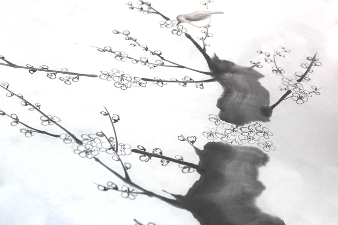 真作】掛軸 田中竣『紅白梅に鴬図 花鳥図』絹本 共箱付